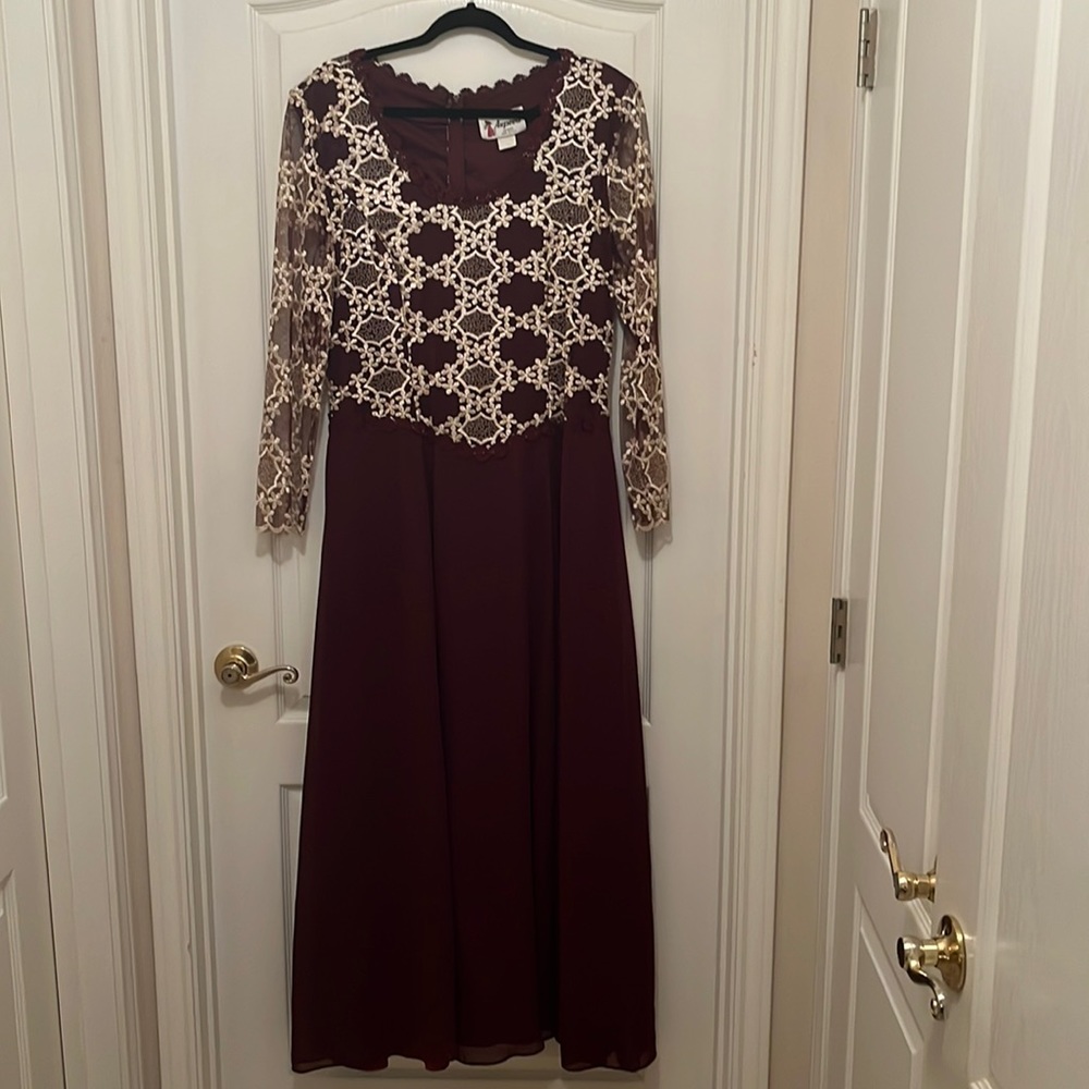 Maroon, large flared skirt, with gold lace overlay top